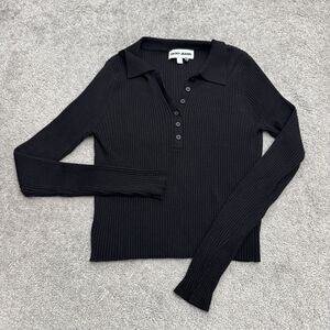 DKNY Jeans Ribbed Knit Polo Long Sleeve Henley Sweater Top Women Medium Black